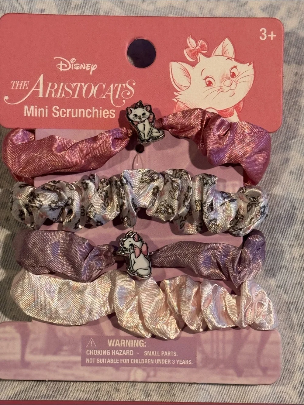 Disney The Aristocats Pink Lavender Mini Scrunchies and Gold tone Charm Braclet